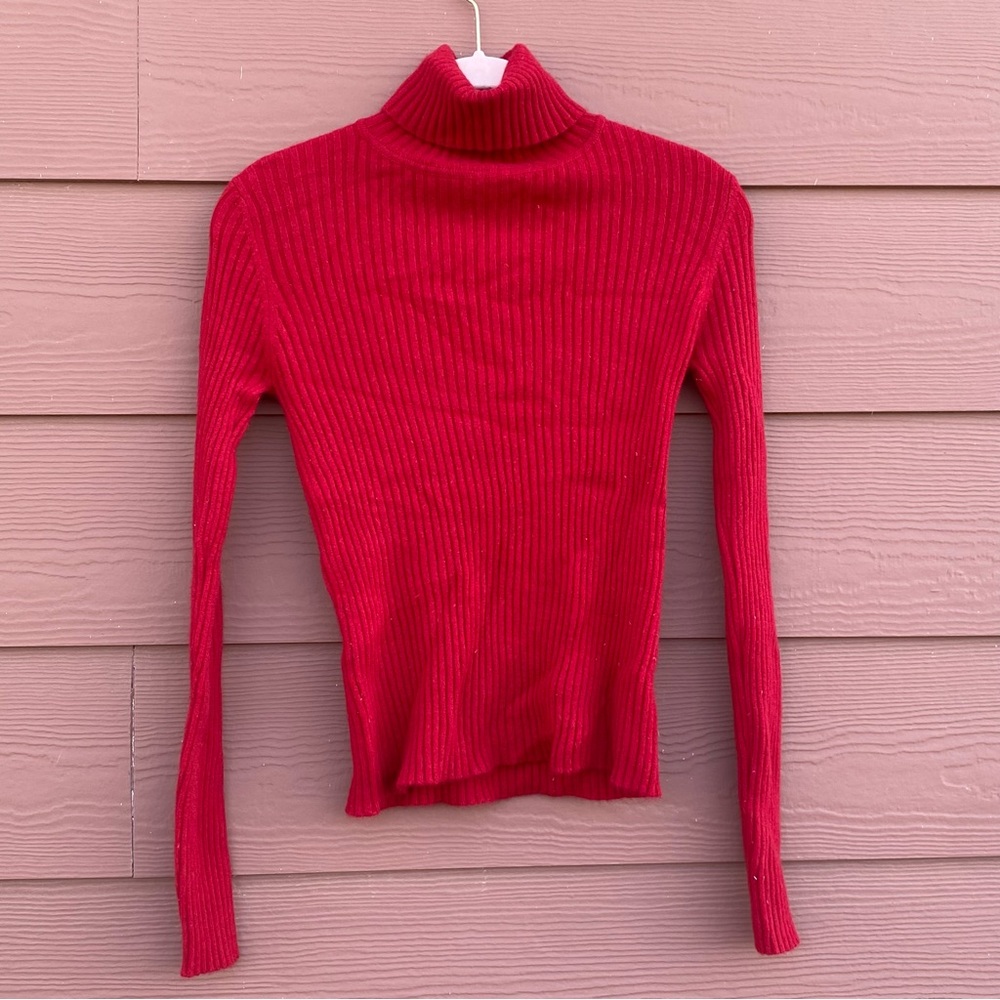 100% Pure Cashmere Red Knit Tight Turtleneck Sweater Shirt Top Size Small